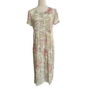 Vintage Plum Beige Floral Pearl Button Pleated Maxi Dress 12P